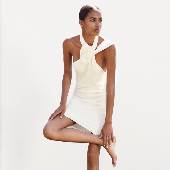 (NWT) Zara - off white mini halter dress w/ floral detail (medium) - Picture 3 of 5